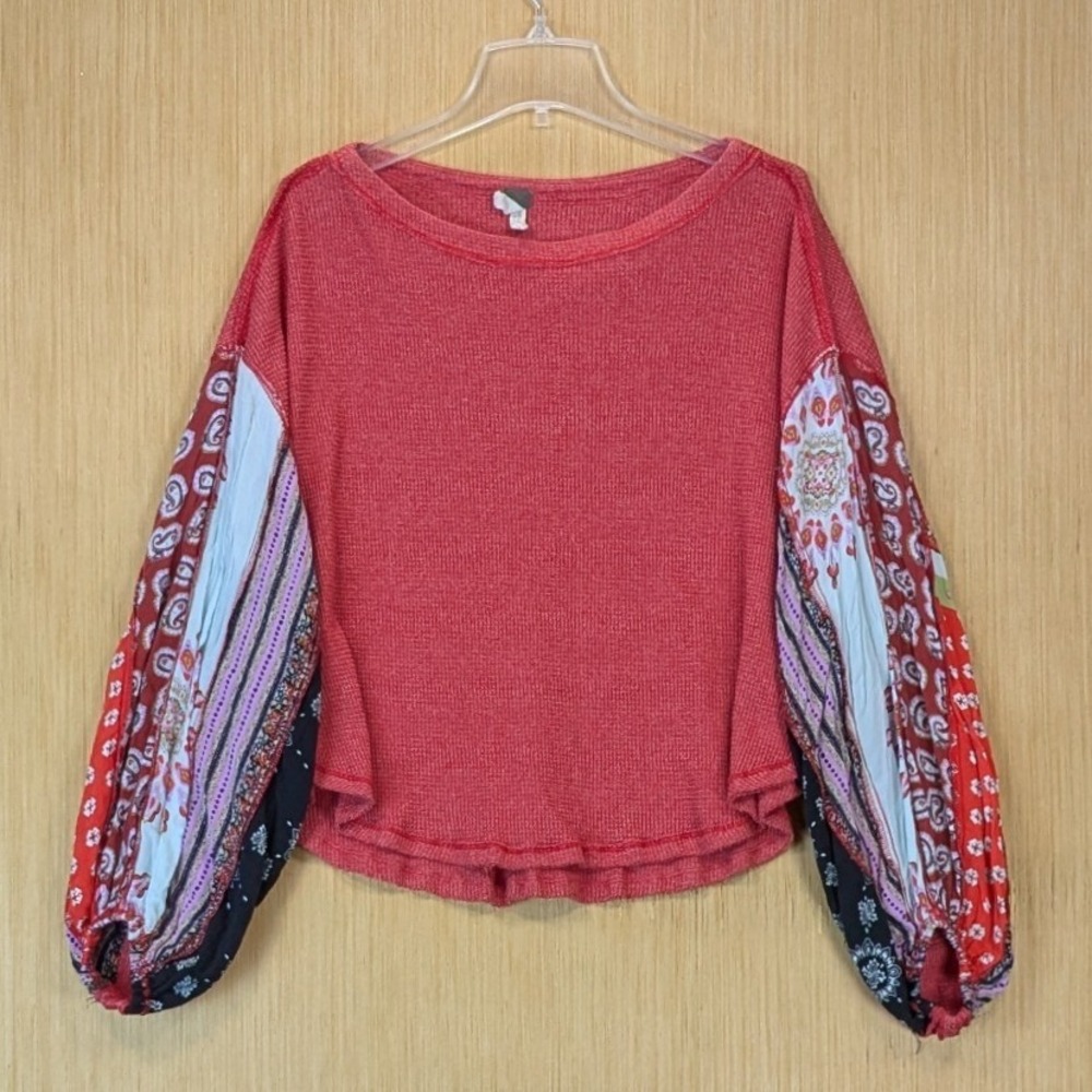 We The Free Top Womens Medium Red Waffle Knit Boho Indie Patchwork Oversized - Picture 2 of 9